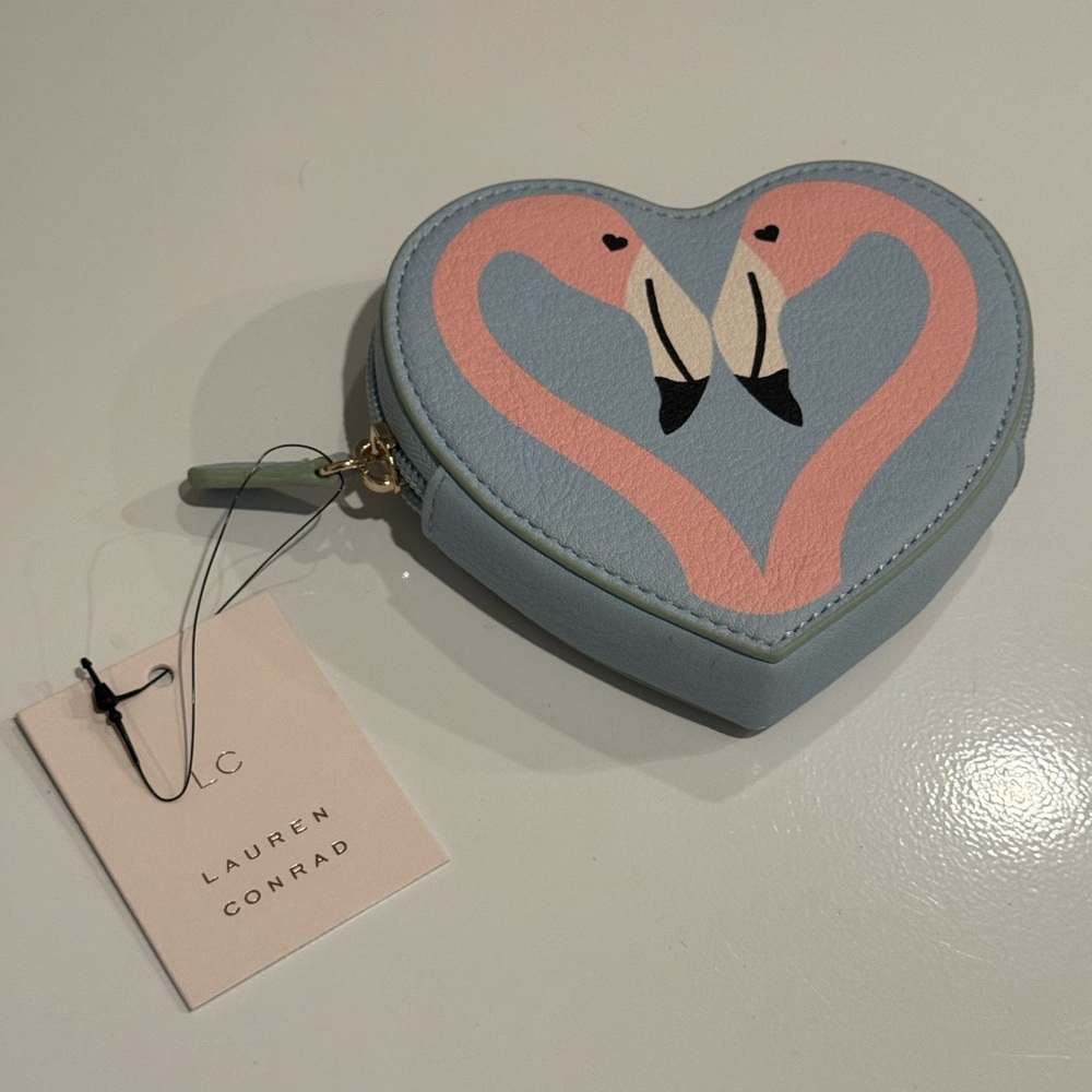 LC Lauren Conrad Blue and Pink Heart-Shaped Coin Pouch Vegan Leather NWT